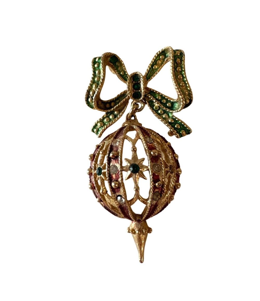 R.J. Graziano Christmas Ornament Brooch HSN Enamel Rhinestone Dangle Pin